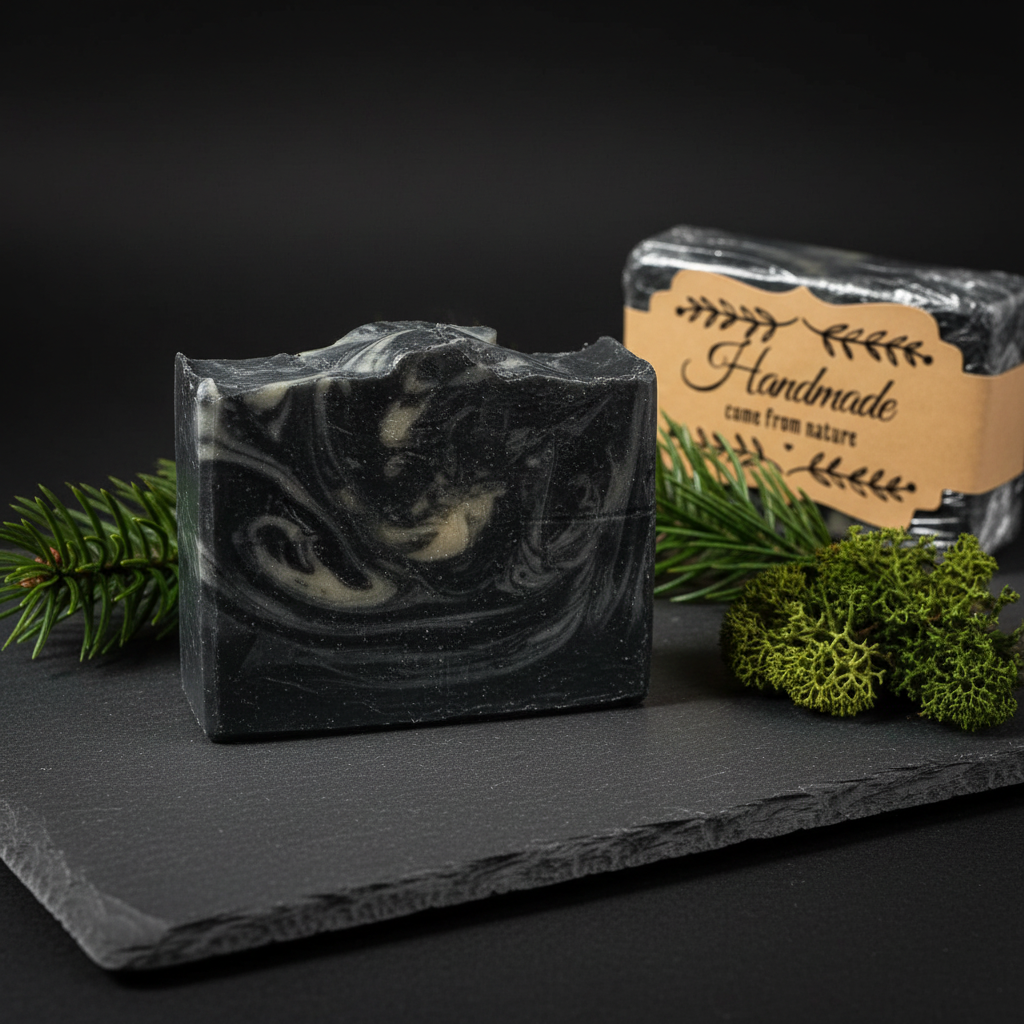 Black Forest soap on dark slate with forest elements