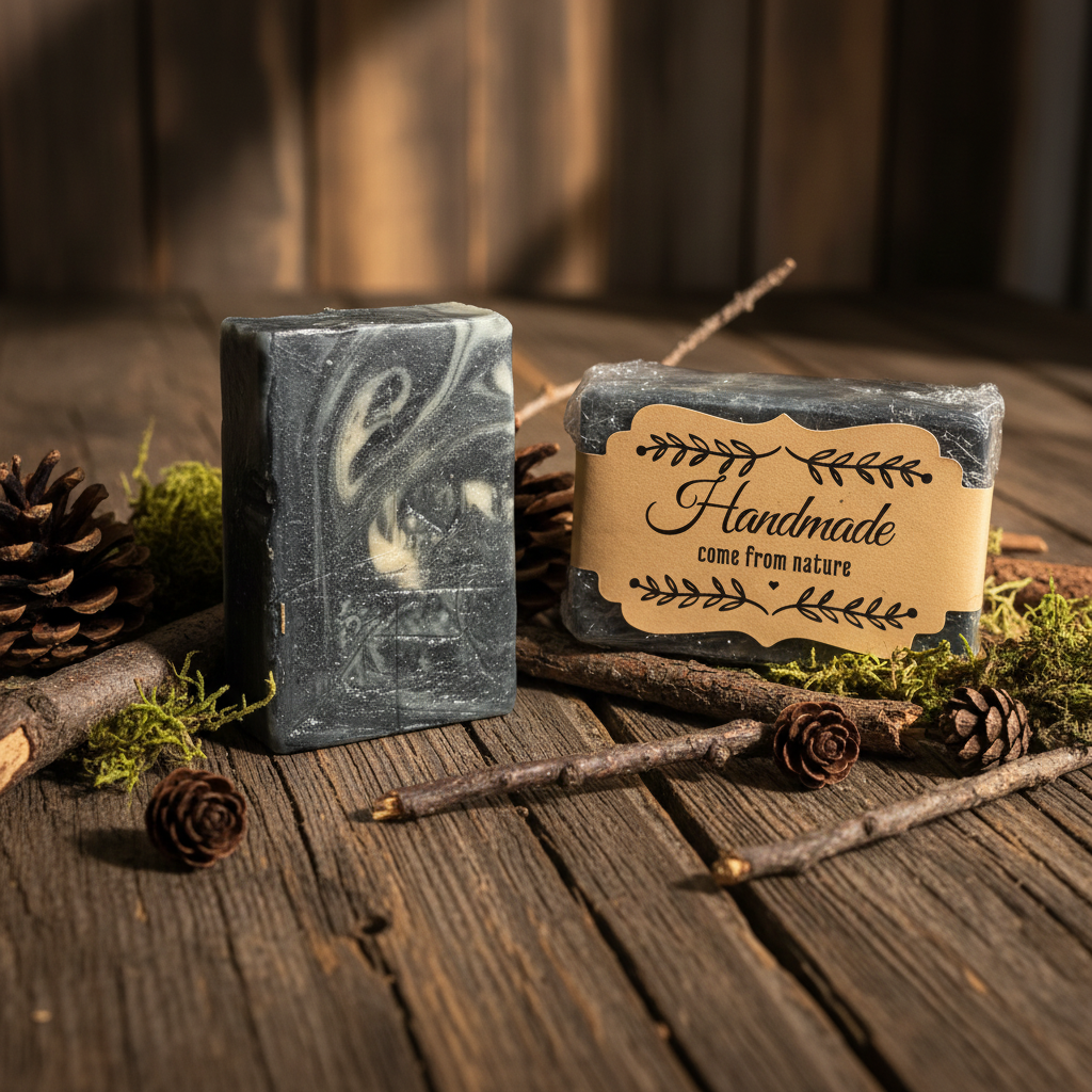 Black Forest soap on rustic wood with pine cones and moss