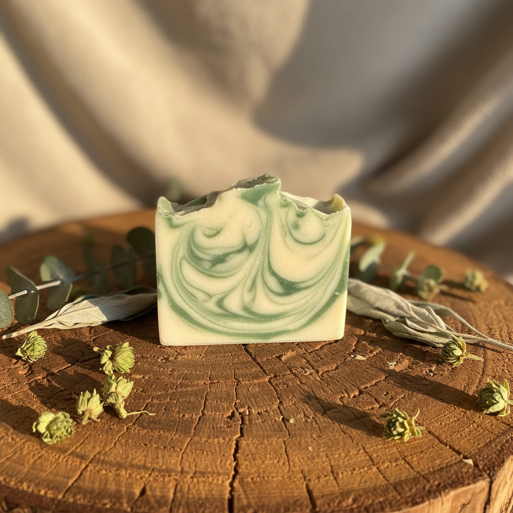 Cool Fresh Aloe Vera handmade soap on rustic wooden surface with botanicals