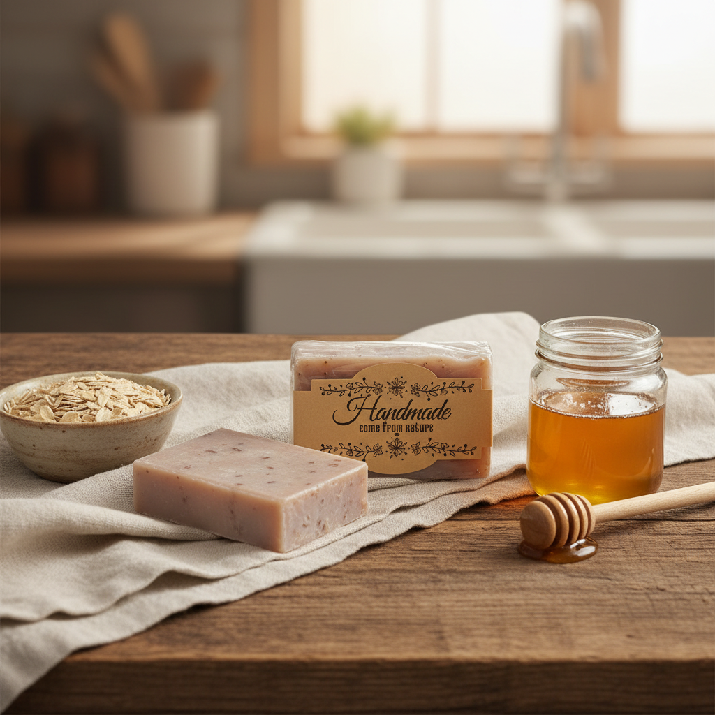 Oatmeal Milk & Honey soap rustic wooden table with oats and honey
